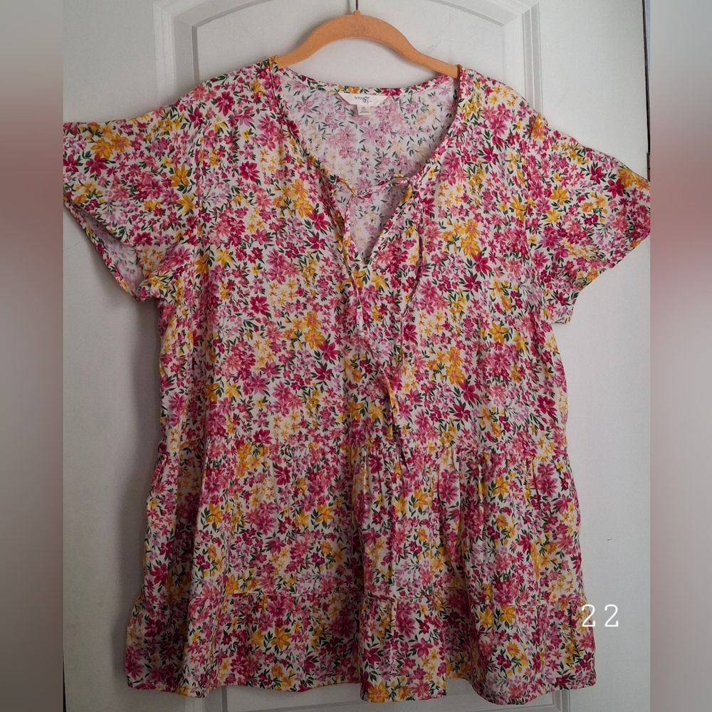 Terra & Sky Cotton Womens Floral Short Sleeve Top Sz 3X Flowy Summer Coquette